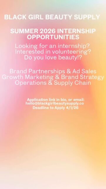 We’re finally excited to announce the opening of our BGBS Summer Internship Program✨🌅📚We’re looking for 3 of the brightest, passionate , and most creative undergrads and recent grads who want to grow, learn, and change the game in beauty, tech, and the culture!
We want 3 sharp, creative, self-motivated undergrads or recent grads ready to step into a real startup environment and actually build something.
If you’re self- motivated, creative, and ready to gain real experience while working closely with a startup… this opportunity is for you! 🫵🏾💫 This is your chance to get real experience not just busy work! 📍👩🏾💻💄
Are you interested? Check out the postings on our page & Fill out the link in our bio/ shoot us an email to apply. All genders are welcome to apply!💕
#blackgirlbeautysupply #NewJersey #internships #explore